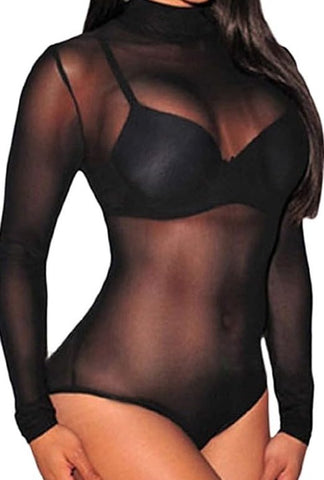 Black Fly Mesh See Through O Neck Long Sleeve Bodysuit