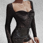 Black Leopard Mesh See Through Long Sleeve Bodysuit