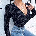 V Neck Polka Dot Print Skinny Bodysuit