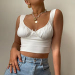 White Spaghetti Straps Low Cut Bow Ruches Crop Top