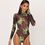 Black Dragon Printed Mesh High Neck Long Sleeve Bodysuit