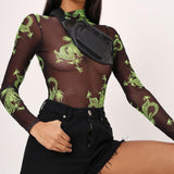 Black Dragon Printed Mesh High Neck Long Sleeve Bodysuit